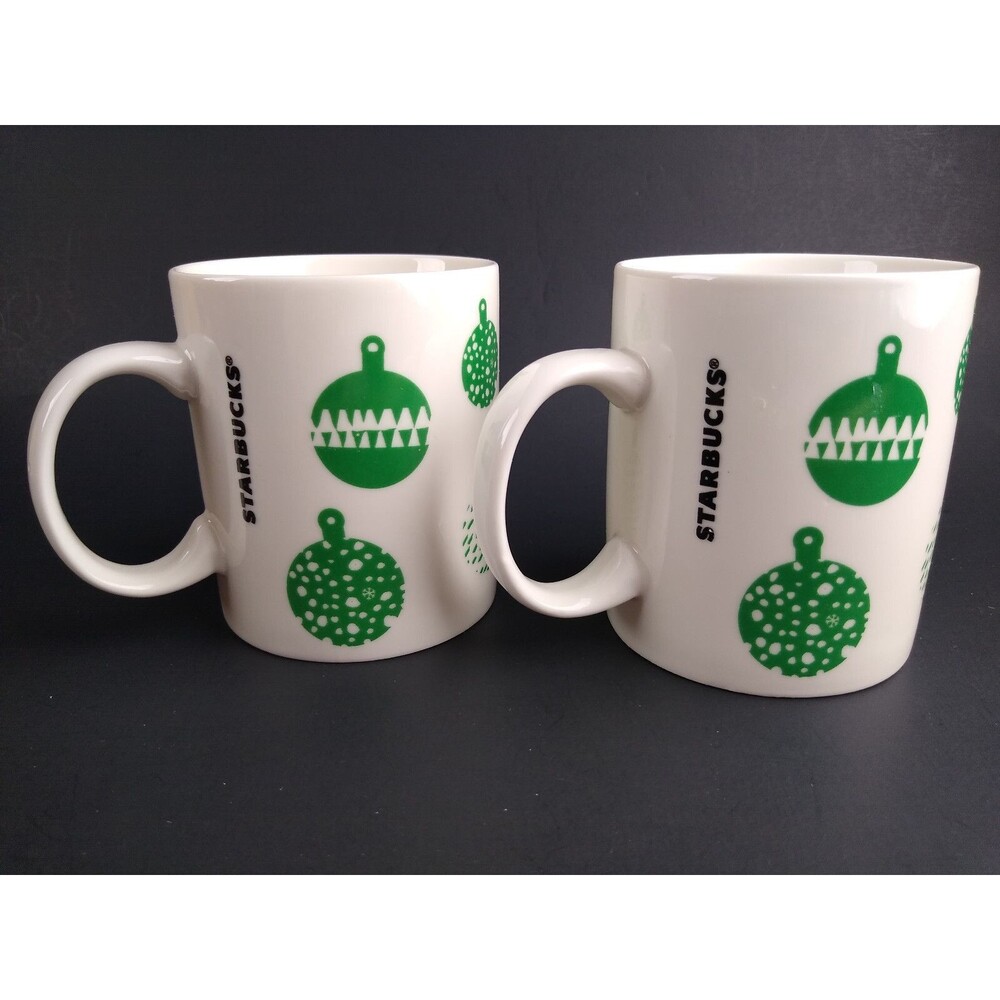 Starbucks Christmas Coffee Mug Green Ball Ornaments Design 2016 12oz Set Of 2